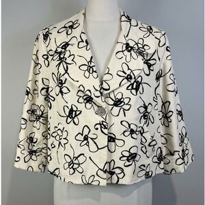 A.M.I XL Jacket Blazer Linen Blend Black Ivory Sketch Artsy Floral 3/4 Sleeve